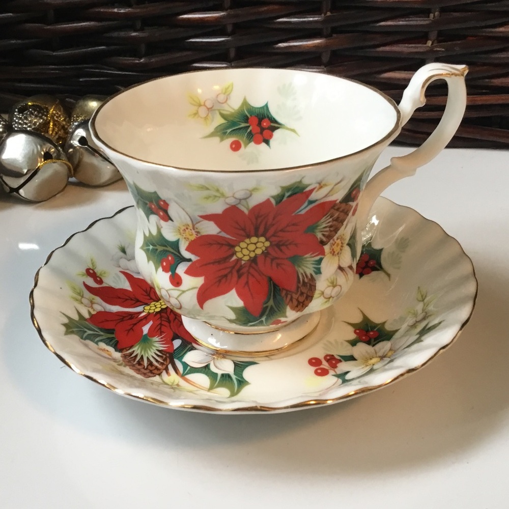 Royal Albert Poinsettia Teacup and Saucer in Red and Green with Gold Trim